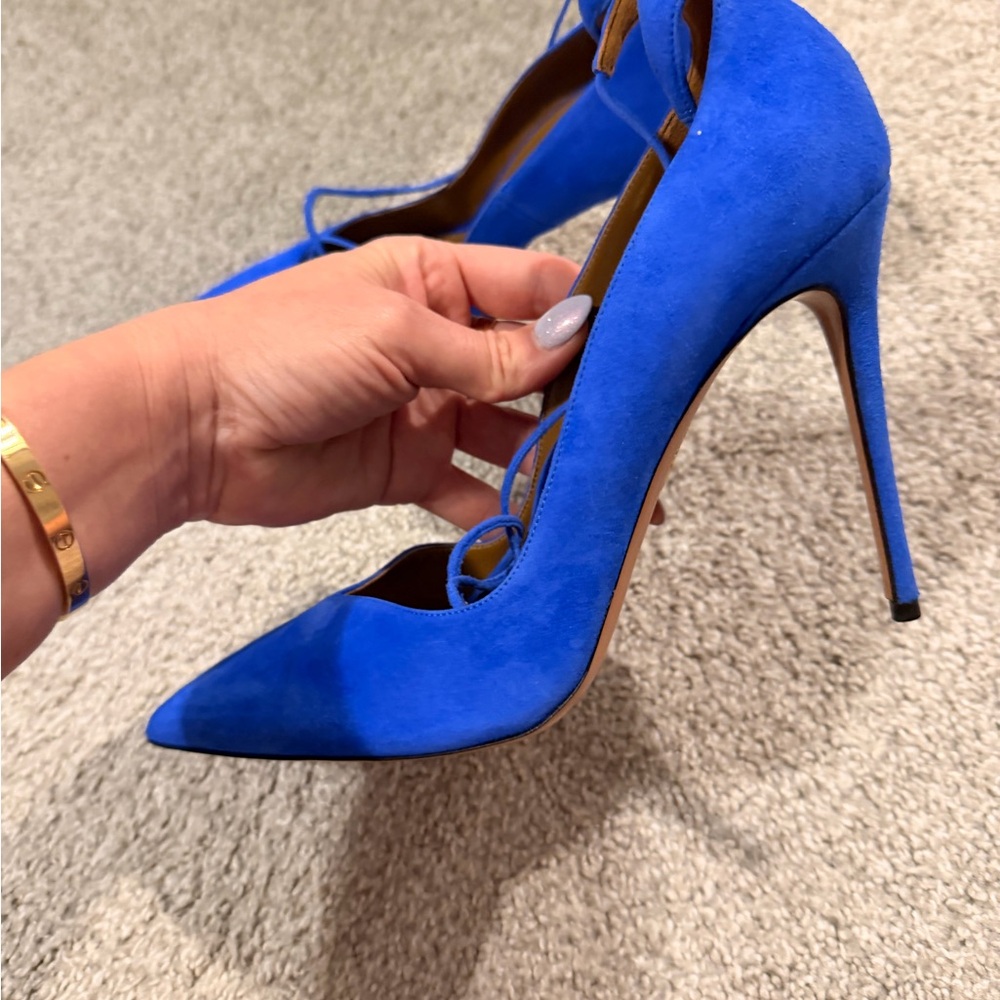 Aquazzura Electric Blue Suede Lace-Up Pointed Toe Pumps - Picture 2 of 6